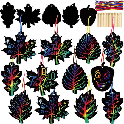 90shine 60 Sets Fall Crafts for Kids Black Scratch Autumn Leaves Magic Craft Art Kit Thanksgiving Classroom Preschool Activities Party Favors