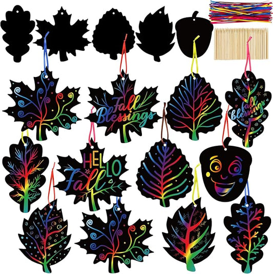 90shine 60 Sets Fall Crafts for Kids Black Scratch Autumn Leaves Magic Craft Art Kit Thanksgiving Classroom Preschool Activities Party Favors