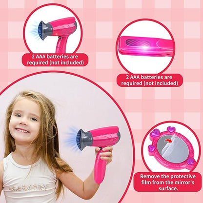 Beauty Hair Salon Playset, 22 Piece Hair Stylist Toy Kit with with Makeup Accessories & Hair Dryer, Pretend Play Set, Christmas & Birthday Gift for Girls