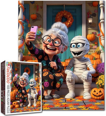 Halloween Funny Grandma Taking Selfie with Mummy 1000 Piece Jigsaw Puzzle for Adults Students 20×27 Inches Cute Autumn Jigsaw with Pumpkins Leaves and Festive Decor Gift for Family Fall
