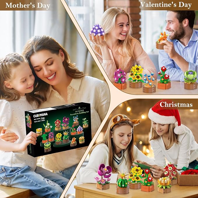 15 Pack Flowers Plants 3.6MM Mini Building Sets - 1314PCS Flower Succulents Botanical Collection for Home Office Décor Block Toy, Party Favors for Christmas Mother's Day Birthday Adults Kids Girls 10+