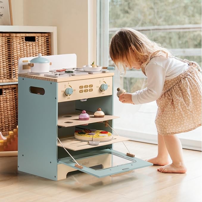ROBOTIME Wooden Toy Kitchen Oven Playset, Montessori Pretend Play Kitchen Accessories with Pizza and Cupcakes Food Toys, Wooden Pizza Oven Set Toys for Toddlers & Kids, WCF28