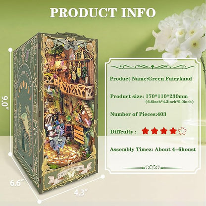 DIY Book Nook Kit, DIY Miniature Dollhouse Kit for Adults and Teens, Book Nook Bookshelf Insert Decor 3D Wooden Puzzle Bookend Miniature Kit with Sensor Light Creative Craft (Green Fairyland)