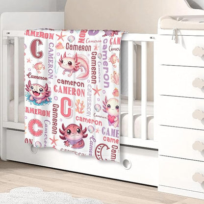 Personalized Baby Blanket for Girls Boys Kids Axolotls Custom Baby Blanket with Name Throw Birthday Gift for Toddlers Infants Shower Newborns Nursery Stroller Crib Bed Decor