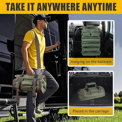 Roll Up Tool Bag, Heavy Duty Tool Organizer with 2 Detachable Zipper Pouches, Compact Durable Tool Storage for Men Women, Perfect for Handyman, RV Owners, Dad Birthday or Father’s Day Gifts