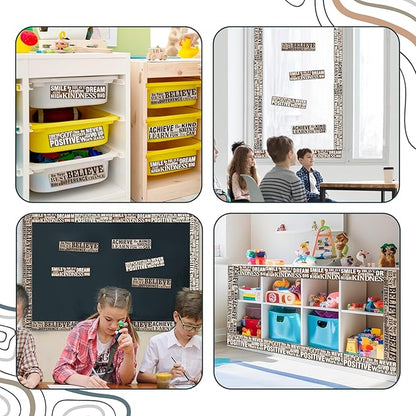 BeYumi Positive Sayings Border Trim - 80Pcs Back to School Wood Grain Farmhouse Positive Sayings Straight Bulletin Board Borders Grainy Motivational Inspirational Quota School Offices Chalkboard Decor