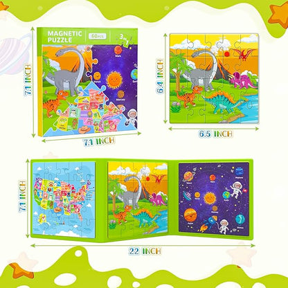 Magnetic Puzzles for Toddlers 3-5, 3 Pack Travel Puzzles for Kids Ages 3-6 with 60 Magnetic Pieces, Dinosaur, Solar System & Map Puzzles, Road Trip Activities Toys & Birthday Gifts for Boys Girls