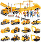 Oriate 28pcs Construction Toys for Kids, 12pcs Mini Diecast Construction Vehicles Toy with Flatbed Transport Trailer, Educational Digger Excavator Bulldozer Forklift Trucks Cake Topper Stickers