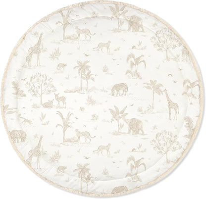 MakeMake Organics Organic Play Mat GOTS Certified Organic Cotton Nursery Floor Rug Washable Reversible Non Toxic Activity Mat Tummy Time Crawling Pad Thick Quilted (Round 48", Safari)