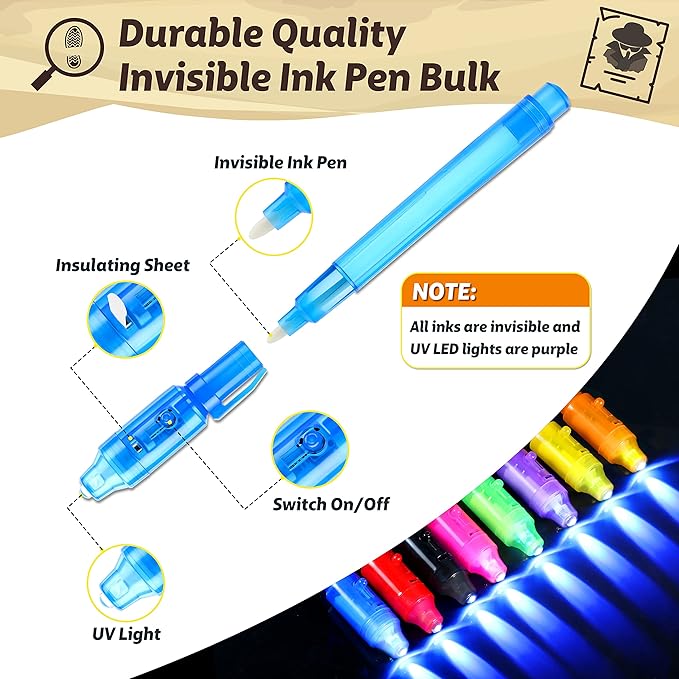 GIFTINBOX Invisible Ink Pens with UV light for Kids, Spy Pen Party Favors for Kids 8-12, 24Pack Invisible Ink Pen and Notebook, Magic Marker for Secret Message Birthday Party Favors for Kid 4-8