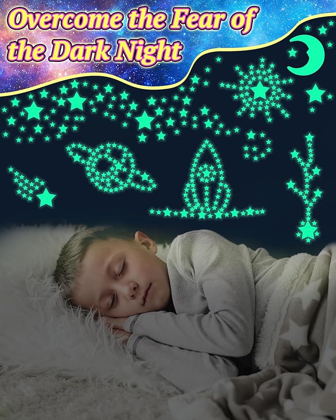 201 Pcs Glow in The Dark Stars Stickers for Ceiling, Toddler Stocking Stuffers Wall Room Decor Gifts, Luminous 3D Glowing Stars Easter Basket Stuffers for Kids Boys Girls - Green