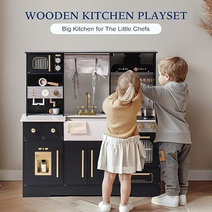 ROBOTIME Wooden Play Kitchen for Toddlers and Kids, Toy Kitchen Set with Ice Maker and Coffee Machine, Realistic Toddler Kitchen Set, Gift for Girls Boys Ages 3+