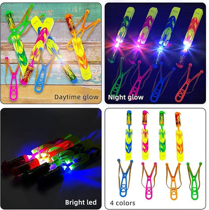 50 Pcs Slingshot Flying Toys with Led Lights,25 Pcs LED Arrow Helicopters + 25 Pcs Launchers,Summer Outdoor Game Glow in The Dark Party Supplies Party Favors for Kids 4-8,8-12 Bulk Toys