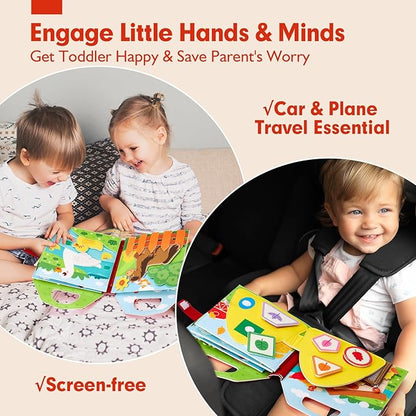 hahaland Busy Board for 1 Year Old - Farm Animals Quiet Busy Book for Toddlers 1-3 - Montessori Toys for 1 Year Old Boy Girl Gifts - Educational Activity Books Felt Learning Board Airplane Travel Toys