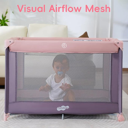 Pamo Babe Portable Playard with Mat Pad and Toy Bar Pink Play Yard for Baby