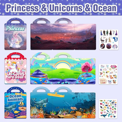 3 Sets Reusable Sticker Books for Toddlers 1-3, Removable Jelly Sticker Books for Kids 2-4 Years, Toddler Travel Toys Activity Book Trip Essentials for Kids- Princess, Unicorn and Ocean