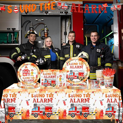 Firefighter Birthday Party Decorations, Firetruck Birthday Decorations 142pcs Tableware Set Include Plates,Napkins,Cups,Banner,Sound The Alarm Tablecloth For Fireman Fire Truck Party Supplies