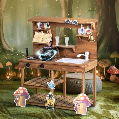 Mud Kitchen Playset for Kids, Wooden Magic Kitchen Set w/Wand, Recipe, Removable Sink, Faucet, Stove, Toddler Outdoor Pretend Play Kitchen, Witch Role Play, Fairy Potion, Gift for Boys Girls