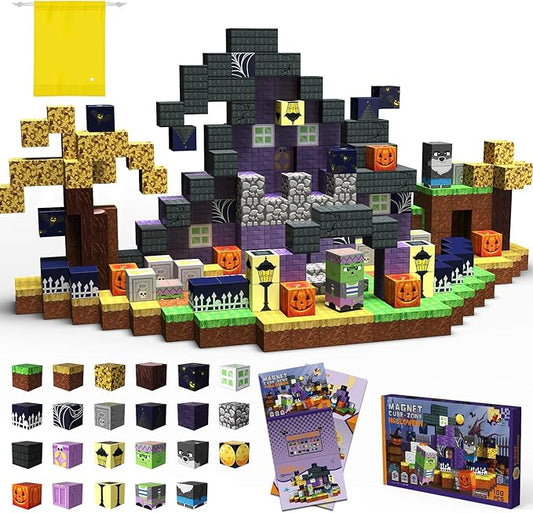 Halloween Magnetic Blocks 100 Pieces for Kids, Magnetic Tiles 3D Sensory Construction Building Dog Pumpkin, Magnet Cubes Stacking Toys Games for Toddlers Boys Girls Ages 3+