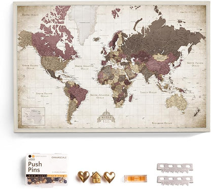 Canvas World Map with Cork Pin Board - English Lettering - Decorative Wall Decoration for All Rooms - Canvas Pictures with World Map Motif (120x80 cm, Pattern 23)