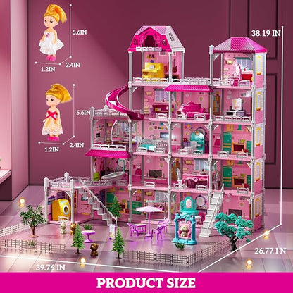 Villa Playset for Girls Ages 3-7, Indoor Playset Girls Toys for Ages 6-8 with 4 Storeys 18 Rooms 4 Dolls, Furniture and Accessories, Pretend Toddler Toy, Birthday Gifts for Kids 3 4 5 6 7 8