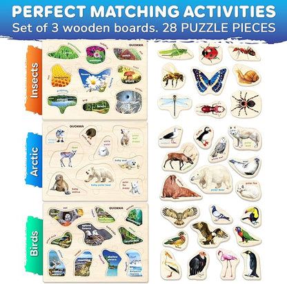 QUOKKA Wooden Puzzles for Toddlers 1-3 – 3xSET Kids Puzzles Ages 2-4 – Montessori Toy Puzzle for Toddlers 3-5 – Wood Toy Learning Realistic Insects - Arctic Animals - Birds for Boy and Girl