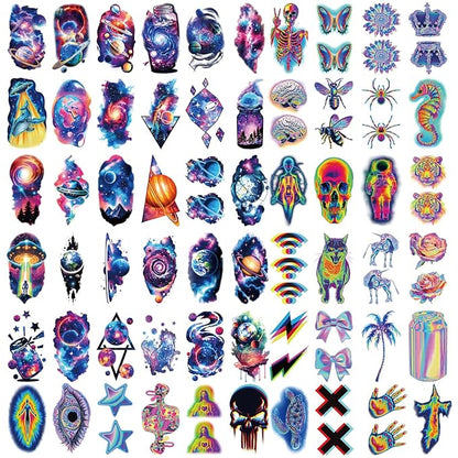 Cosmic Space Temporary Tattoos for Adults and Kids, 77 Sheets Colorful Astronaut Planet Galaxy Fantasy Art Designs Fake Tattoo for Men and Women