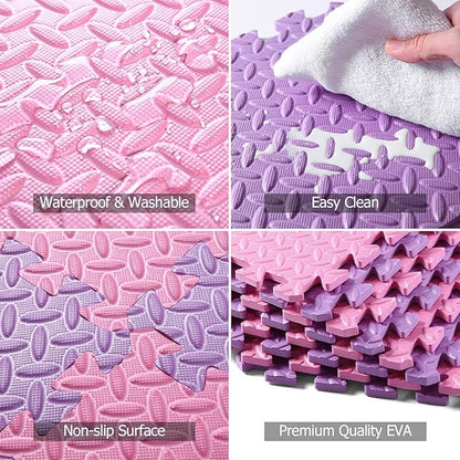 Foam Floor Mats for Kids, 12 x 12 Inch 16 Tiles 0.4" Thickness Foam Play Mat, Non-Toxic Square Interlocking Floor Mats Rubber Baby Play Mat for Toddlers(Pink/Purple)