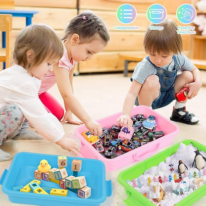 3 Pcs Sensory Bin Sand Tray with Lid & 3 Stickers, Stackable Plastic Storage Containers, Portable Sandbox Toy, Organizers for Toys, Sand, Arts, Crafts (Blue, Green, Pink)
