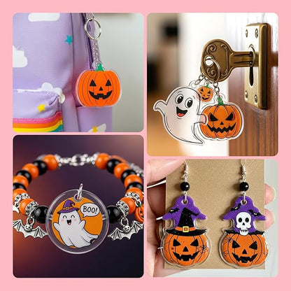 Auihiay 145 Pieces Halloween Heat Shrink Plastic Sheet Kit Include 8 Shrink Paper with Halloween Patterns, 4 Blank Shrink Film Papers, Hole Punch, Keychains, Pencils for Kids DIY Creative Craft