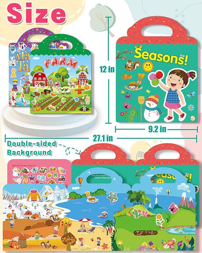 3 Pack Reusable Sticker Book for Toddlers, Toddler Sticker Book for Kids, Toddler Activities Crafts Preschool Learning Travel Birthday Gifts for Boys Girls - Farm, Fairy Tale and Season
