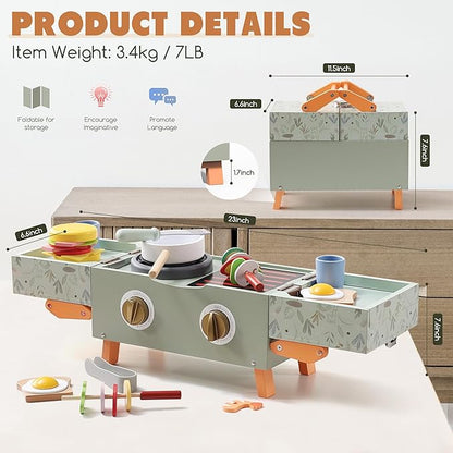 Wooden Kids Grill Playset with Play Kitchen Accessories| Pretend Play Toys for Toddlers 3-5, Cooking BBQ Play Food Toy for 3+ Year Old Boys & Girls, Birthday Gifts for Kids