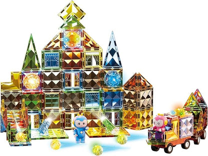 Deluxe Quality Magnetic Tiles Building Set with Attractive Reflective Pattern, LED Lights, Marble Run, and Cars - STEM Educational Toy for Creative Kids Girls Boys 3+ (110 pcs Castle)