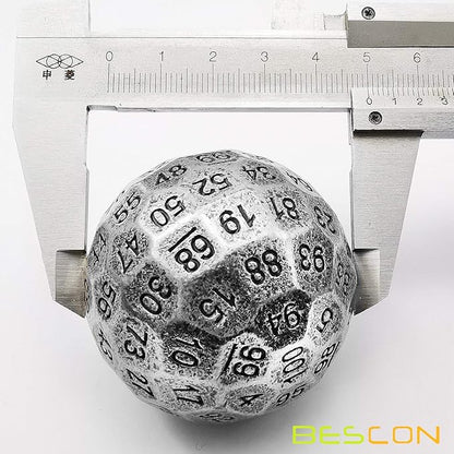 Bescon Solid Metal 100 Sided Dice, Game Dice D100, Giant Polyhedral Metal 100 Sides Dice 50MM in Diameter (1.97in), Ancient Silver