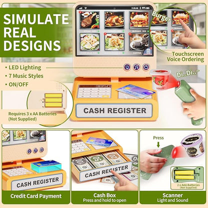 Toddler Toy Grocery Store, Supermarket Playset with Touch Voice Cash Register, Scanner, Coffee Maker, Play Food, Play Money, Pretend Play Toys for Toddlers Kids Birthday
