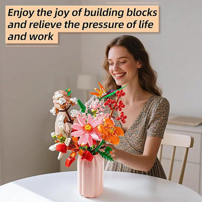 Sawaruita Pretty Pink Flowers Bouquet Building Blocks for Adult,Wildflower Botanical Collection with Vase -Plants Block Toy for Home&Office Decor,Gift for Valentine's Day,Mother's Day,Birthday