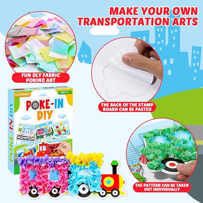 8PCS Poke-in Craft and Art Kit for Kid Transportation Vehicle Theme No-Mess Fabric Sewing Art Girl Boy 4-12 Puzzle Puncture Painting Truck Car Toy Gift Creative Activity Game Birthday Party