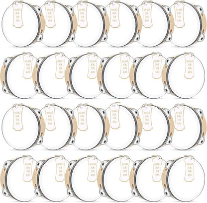 24 Set 6 Inch Tambourine for Adults Wooden Hand Held Drum with Metal Jingles, Gift Tags, White I Love You Printed Ribbon Percussion Gift Musical Instrument for Church Wedding Party Favor