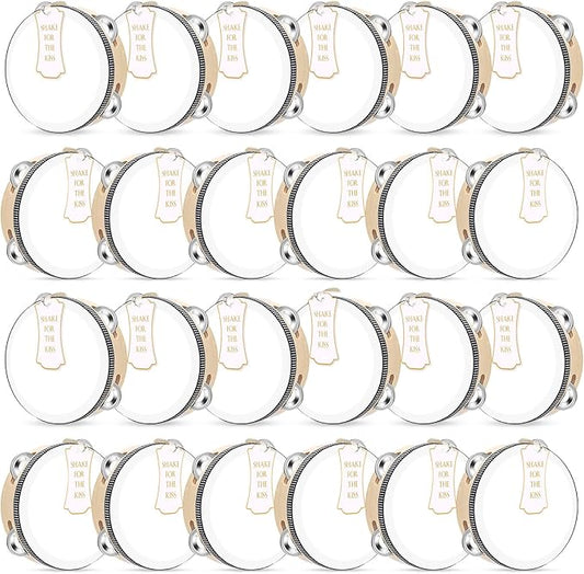 24 Set 6 Inch Tambourine for Adults Wooden Hand Held Drum with Metal Jingles, Gift Tags, White I Love You Printed Ribbon Percussion Gift Musical Instrument for Church Wedding Party Favor