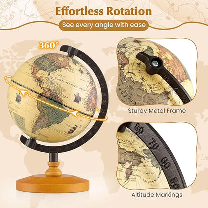 COSTWAY Antique Globe Dia 5.5-Inch, Mini Rotating World Globe w/Wooden Base, Modern Map & Vintage Color, For Kids & Adults' Geography Educational Learning, Desktop Decoration for Home Office School