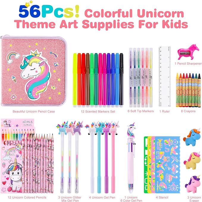 53PCS Fruit Scented Markers Set - Art Coloring Drawing Kits for Kids with Unicorn Pencil Case, Art Supplies for Kids Ages 4 6 8,Stationary Set Pencil,Crayon&Markers Stuff,Birthday Gifts Toys for Girls
