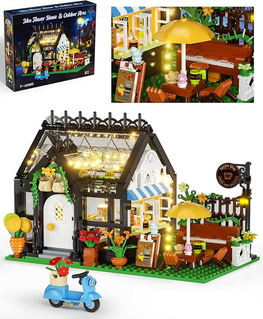 Flower House Building Set, Coffee Shop Outdoor Parasol and Piano Building Kits with Lights, Greenhouse Model Halloween for Girls, Home Decor Office Coffee Bar Display