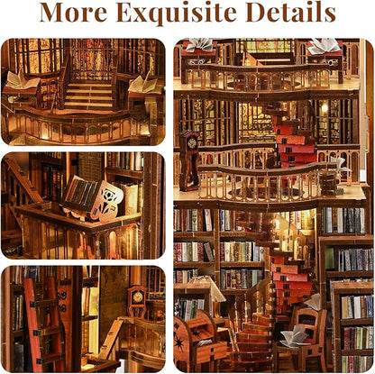 Book Nook Library Kit, DIY Miniature Dollhouse Booknook Kit, 3D Wooden Puzzle Bookend Bookshelf with LED Light for Adults Teens (Abbey Library)