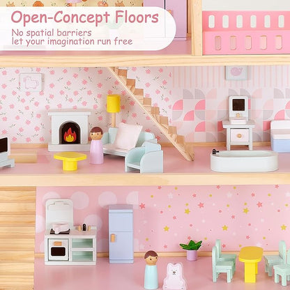 Large Wooden Dollhouse, 3-Story Doll House with 38-Pcs Furniture & Accessories, Open-Concept Floors, Balcony, Flip-Over Snow Roof, Pretend Play Doll House Gift for Kids Ages 3+