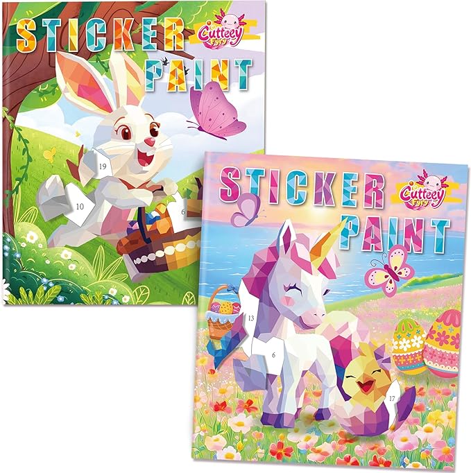 CutteeyFyry Paint by Number Sticker Book for Girls Kids - Road Trip & Airplane Activities Toys, Easter Basket Stuffers, Bunny Egg Unicorn, Birthday Gifts, Travel Essentials for Toddlers & Car Rides
