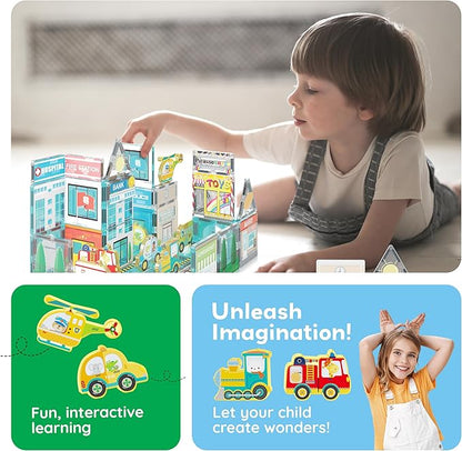 PicassoTiles Metro City Hospital Magnetic Tile Building Set with 8 Vehicles and Figures Educational Magnet Blocks Construction for Kids Age 3 Plus STEM Role Play Town Imagination Learning Toy PTQ14