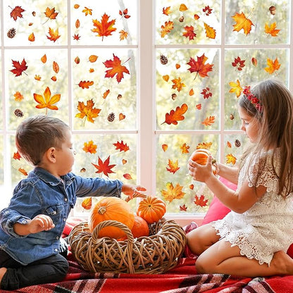 Whaline 9 Sheet Fall Window Clings Watercolor Orange-Brown Maple Leaves Pine Cone Acorn Double-Sided Reusable Windows Decals for Autumn Thanksgiving Halloween Home Windows Glass Holiday Decor