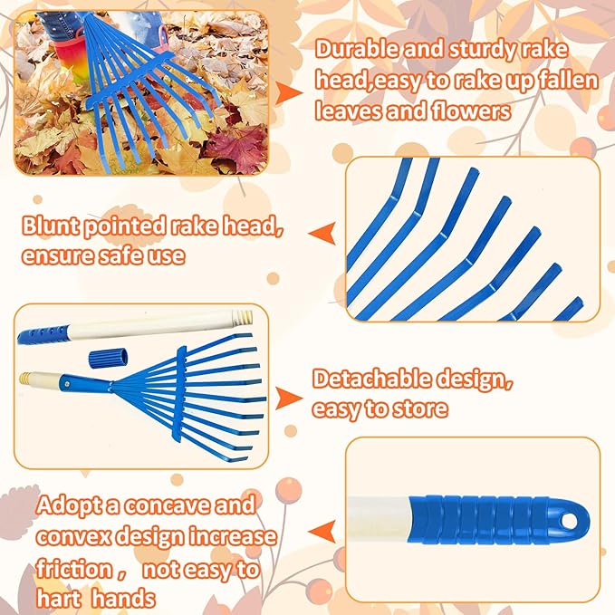 3PCS Kids Rakes for Leaves, 28" Child Size Garden Rake Childrens Yard Lawn Rakes Toddler Leaf Rake with Detachable Hardwood Handle Metal Head Great Garden Tools for Boy Girl, Blue Red Green