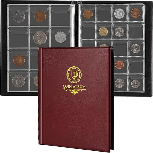 160 Pockets Coin Album - 10 Sheets Mixed Sizes Coin Holder 45x43/33x33 mm Collecting Grid for Pounds Pence Cents (Red) CS48160RE
