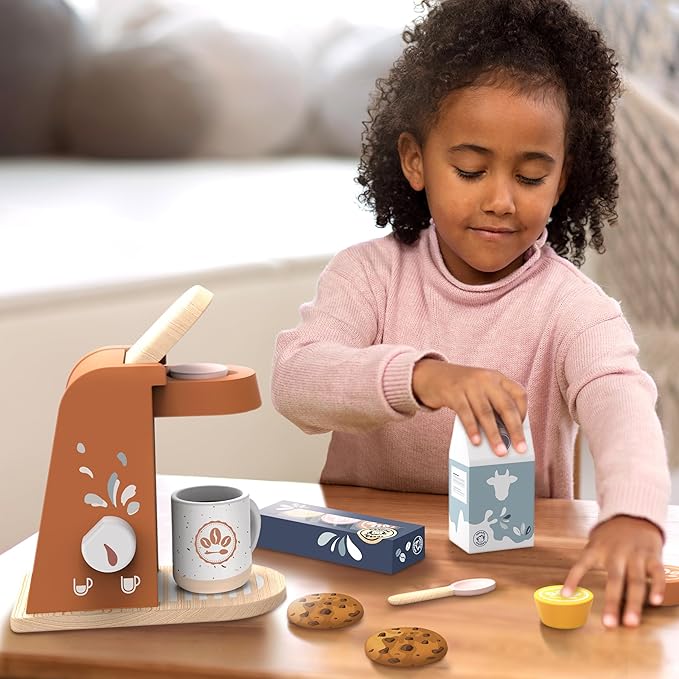 Speedy Monkey Wooden Kids Coffee Machine Playset – FSC Certified Pretend Play Espresso Maker, Barista Role Play Café Set Toy for Toddlers, Boys & Girls, Coffee Grinder with Cups & Kitchen Accessories